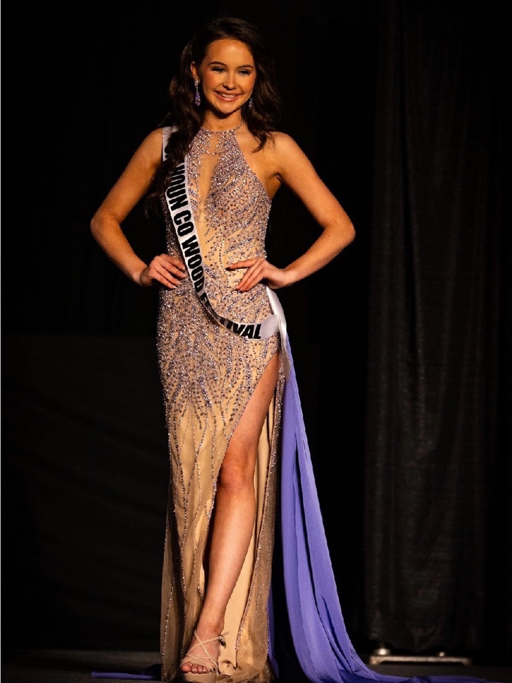Jovani Nude Gown with Lavender Train and Crystal Embellishment